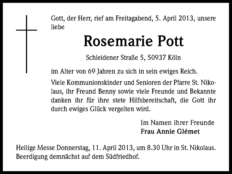  Traueranzeige für Rosemarie Pott vom 10.04.2013 aus Kölner Stadt-Anzeiger / Kölnische Rundschau / Express