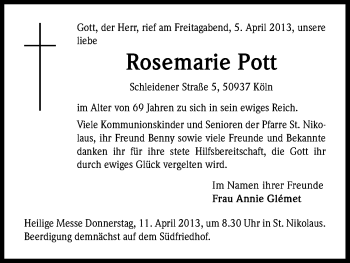 Anzeige von Rosemarie Pott von Kölner Stadt-Anzeiger / Kölnische Rundschau / Express