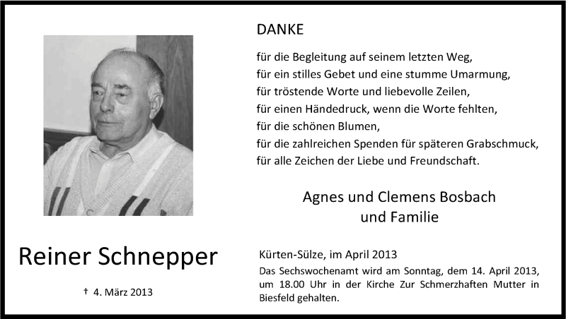  Traueranzeige für Reiner Schnepper vom 10.04.2013 aus Kölner Stadt-Anzeiger / Kölnische Rundschau / Express