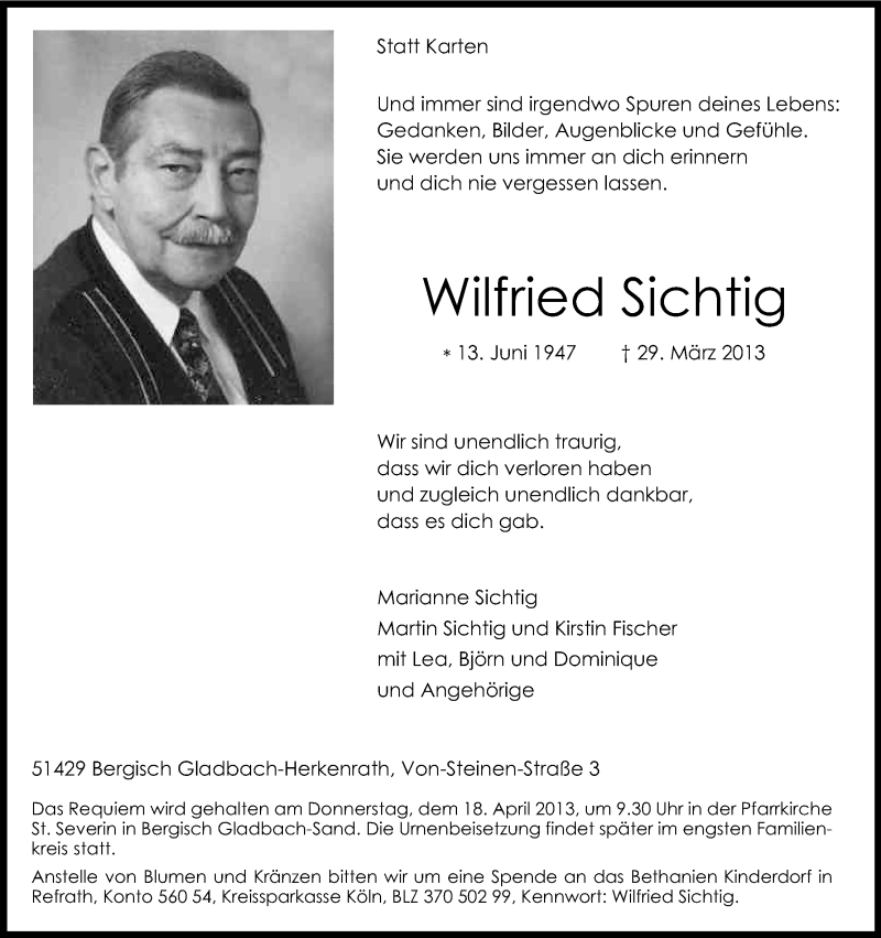  Traueranzeige für Wilfried Sichtig vom 10.04.2013 aus Kölner Stadt-Anzeiger / Kölnische Rundschau / Express