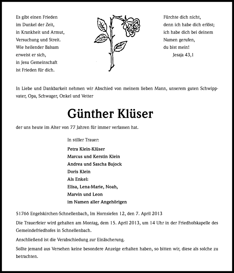  Traueranzeige für Günther Klüser vom 09.04.2013 aus Kölner Stadt-Anzeiger / Kölnische Rundschau / Express