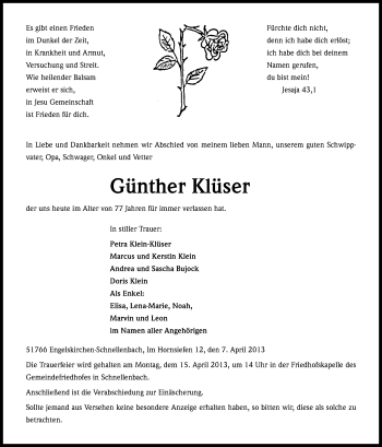 Anzeige von Günther Klüser von Kölner Stadt-Anzeiger / Kölnische Rundschau / Express