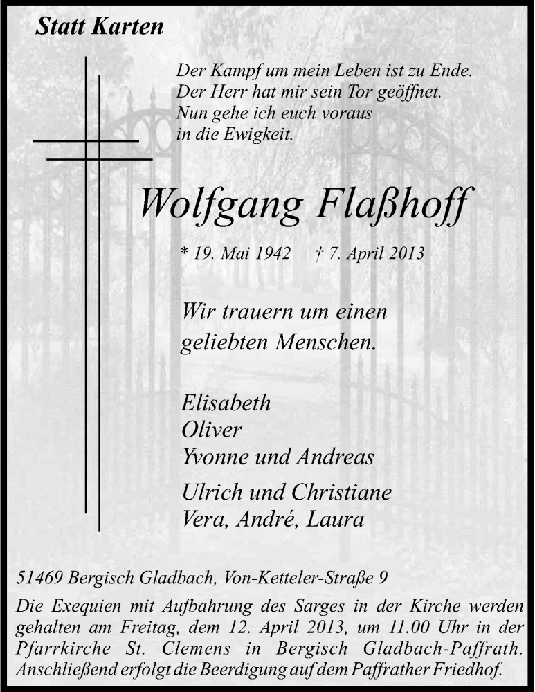  Traueranzeige für Wolfgang Flaßhoff vom 09.04.2013 aus Kölner Stadt-Anzeiger / Kölnische Rundschau / Express