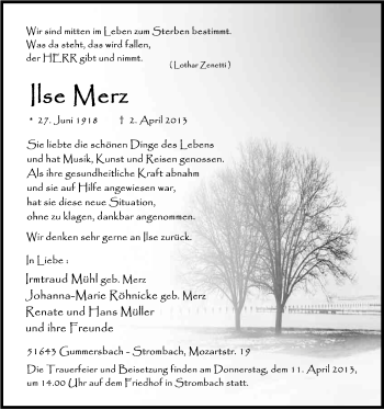 Anzeige von Ilse Merz von Kölner Stadt-Anzeiger / Kölnische Rundschau / Express