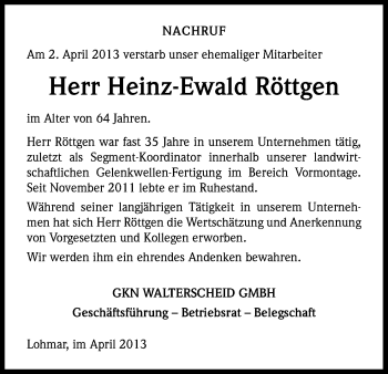 Anzeige von Heinz-Ewald Röttgen von Kölner Stadt-Anzeiger / Kölnische Rundschau / Express