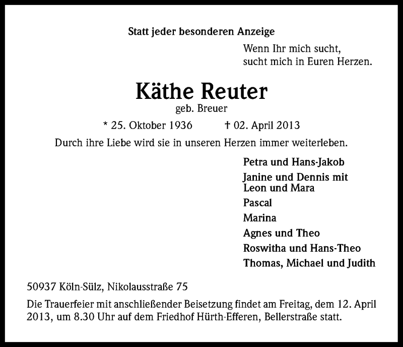  Traueranzeige für Käthe Reuter vom 10.04.2013 aus Kölner Stadt-Anzeiger / Kölnische Rundschau / Express