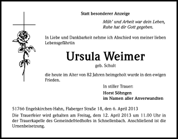 Anzeige von Ursula Weimer von Kölner Stadt-Anzeiger / Kölnische Rundschau / Express