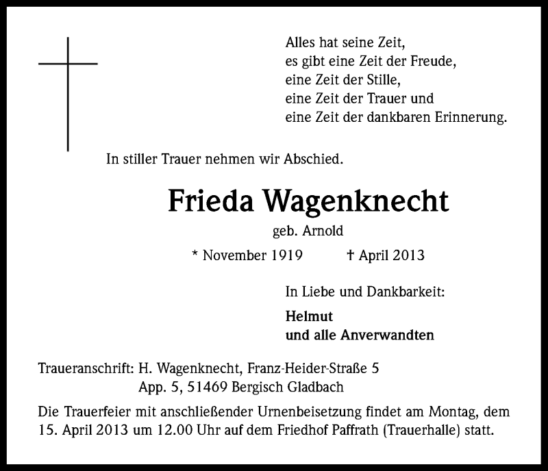  Traueranzeige für Frieda Wagenknecht vom 10.04.2013 aus Kölner Stadt-Anzeiger / Kölnische Rundschau / Express