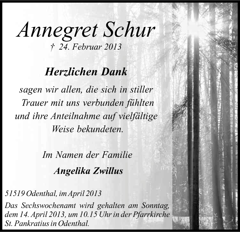  Traueranzeige für Annegret Schur vom 10.04.2013 aus Kölner Stadt-Anzeiger / Kölnische Rundschau / Express
