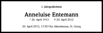 Anzeige von Anneluise Entemann von Kölner Stadt-Anzeiger / Kölnische Rundschau / Express