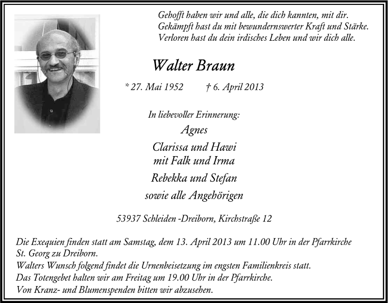  Traueranzeige für Walter Braun vom 10.04.2013 aus Kölner Stadt-Anzeiger / Kölnische Rundschau / Express