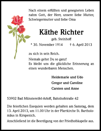Anzeige von Käthe Richter von Kölner Stadt-Anzeiger / Kölnische Rundschau / Express