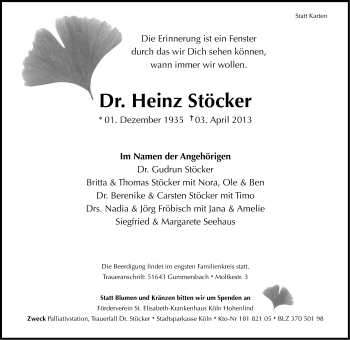 Anzeige von Heinz Stöcker von Kölner Stadt-Anzeiger / Kölnische Rundschau / Express