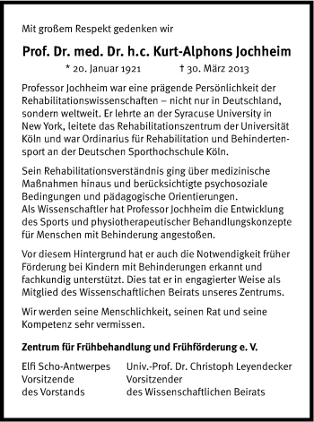Anzeige von Kurt-Alphons Jochheim von Kölner Stadt-Anzeiger / Kölnische Rundschau / Express