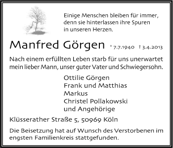 Anzeige von Manfred Görgen von Kölner Stadt-Anzeiger / Kölnische Rundschau / Express