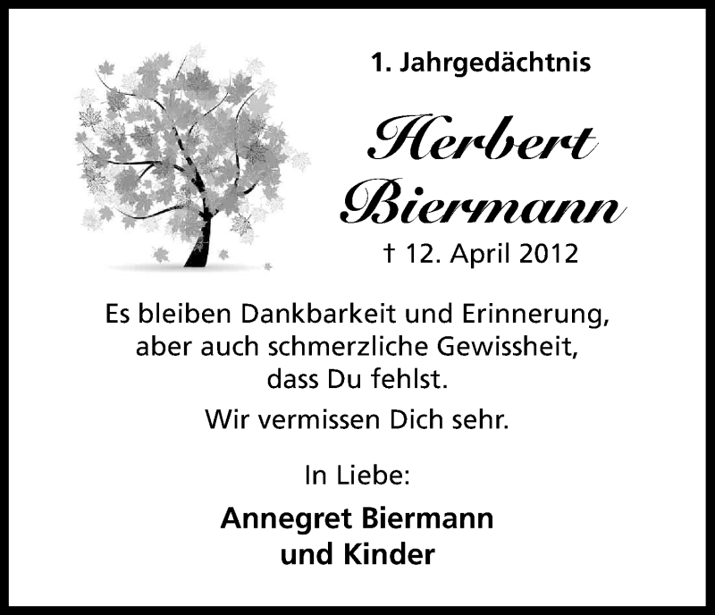  Traueranzeige für Herbert Biermann vom 12.04.2013 aus Kölner Stadt-Anzeiger / Kölnische Rundschau / Express