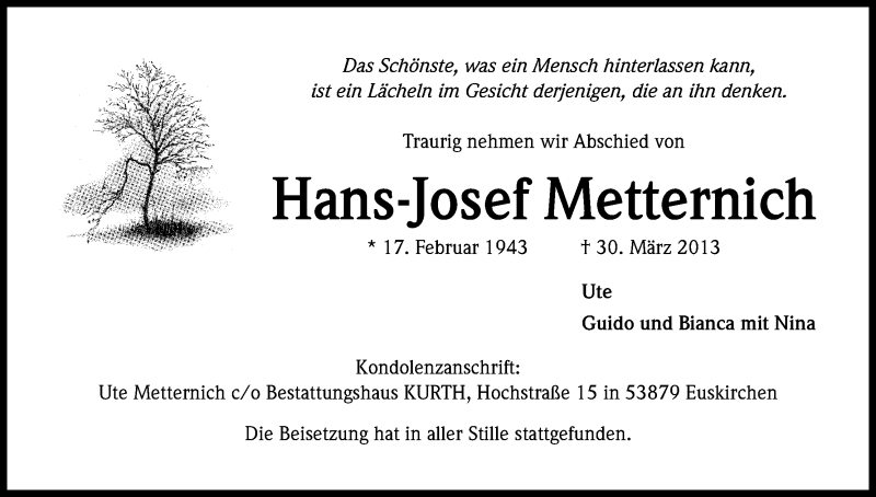  Traueranzeige für Hans- Josef Metternich vom 11.04.2013 aus Kölner Stadt-Anzeiger / Kölnische Rundschau / Express