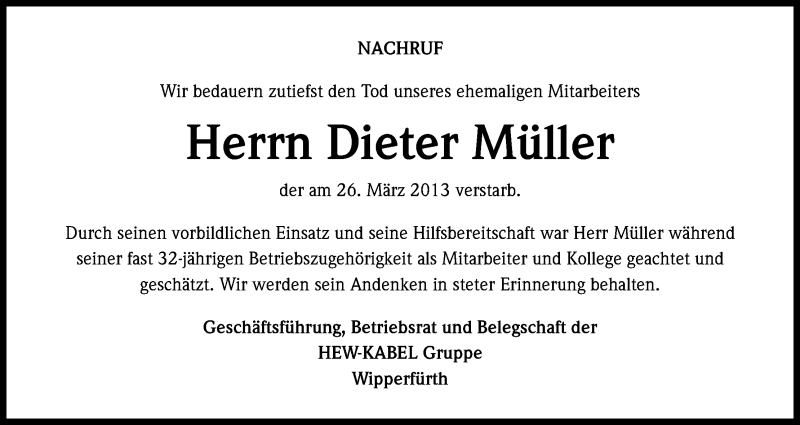  Traueranzeige für Dieter Müller vom 13.04.2013 aus Kölner Stadt-Anzeiger / Kölnische Rundschau / Express