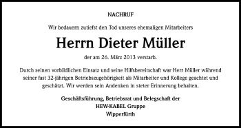 Anzeige von Dieter Müller von Kölner Stadt-Anzeiger / Kölnische Rundschau / Express