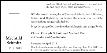 Anzeige von Mechthild Schmitz von Kölner Stadt-Anzeiger / Kölnische Rundschau / Express