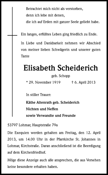 Anzeige von Elisabeth Scheiderich von Kölner Stadt-Anzeiger / Kölnische Rundschau / Express