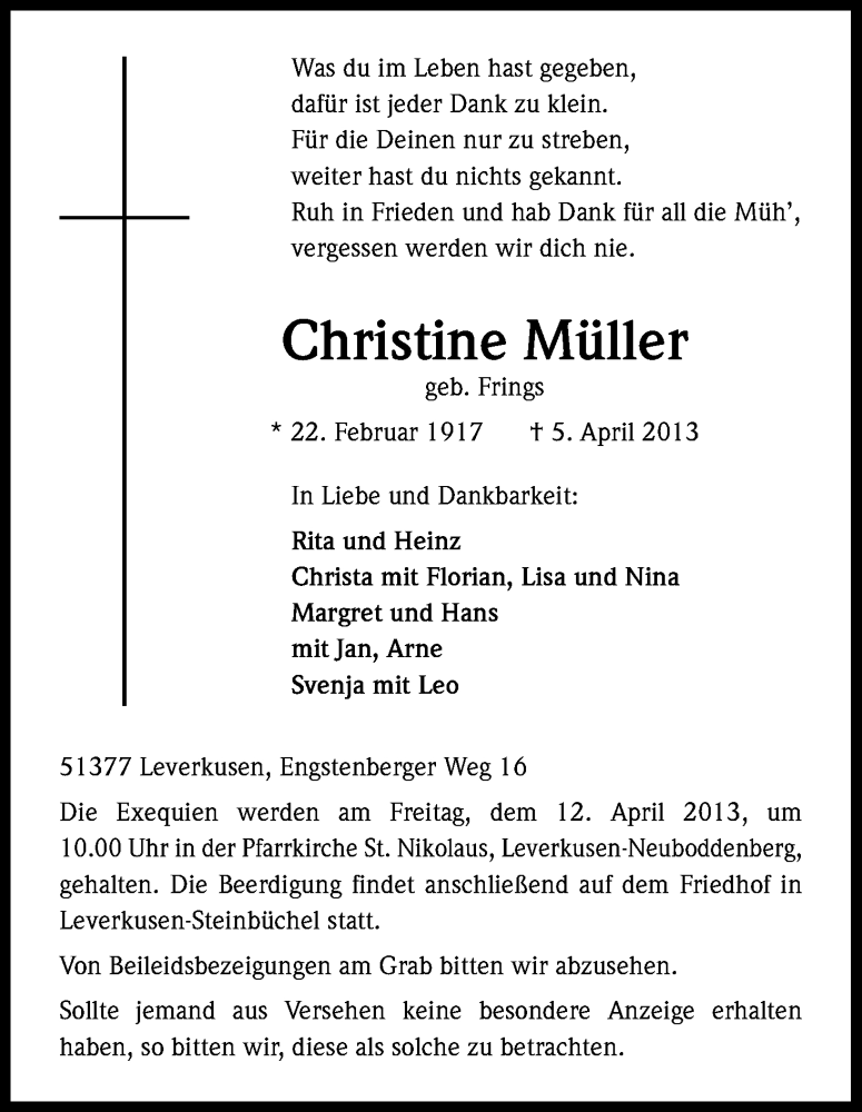  Traueranzeige für Christine Müller vom 10.04.2013 aus Kölner Stadt-Anzeiger / Kölnische Rundschau / Express