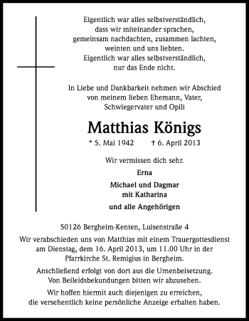 Anzeige von Matthias Königs von Kölner Stadt-Anzeiger / Kölnische Rundschau / Express