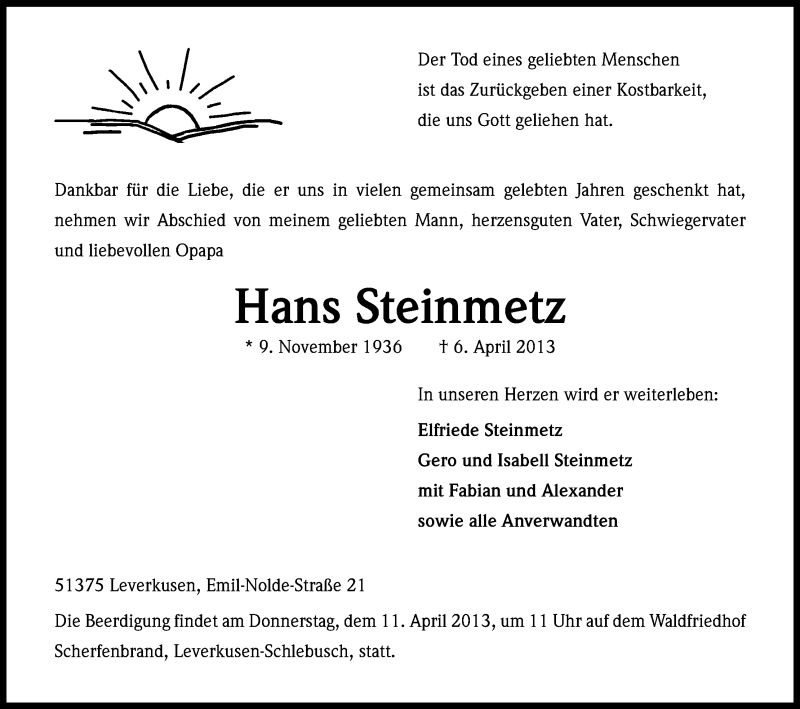  Traueranzeige für Hans Steinmetz vom 10.04.2013 aus Kölner Stadt-Anzeiger / Kölnische Rundschau / Express