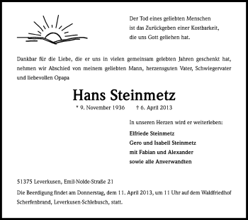 Anzeige von Hans Steinmetz von Kölner Stadt-Anzeiger / Kölnische Rundschau / Express