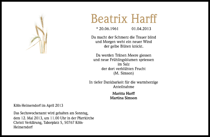  Traueranzeige für Beatrix Harff vom 13.04.2013 aus Kölner Stadt-Anzeiger / Kölnische Rundschau / Express