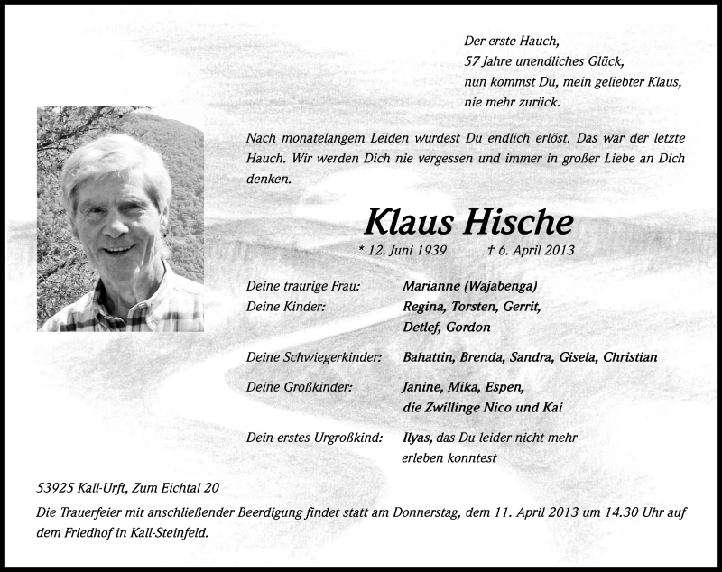  Traueranzeige für Klaus Hische vom 10.04.2013 aus Kölner Stadt-Anzeiger / Kölnische Rundschau / Express