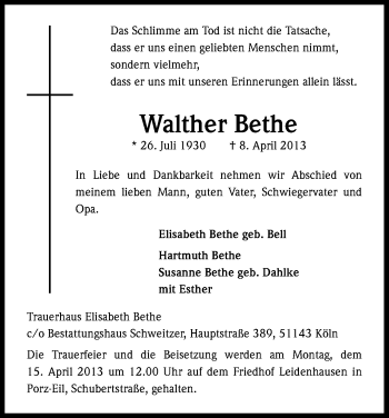 Anzeige von Walther Bethe von Kölner Stadt-Anzeiger / Kölnische Rundschau / Express