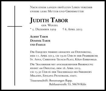 Anzeige von Judith Tabor von Kölner Stadt-Anzeiger / Kölnische Rundschau / Express