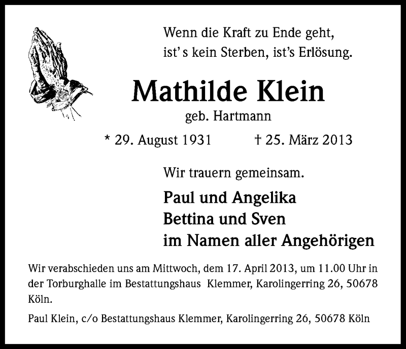  Traueranzeige für Mathilde Klein vom 13.04.2013 aus Kölner Stadt-Anzeiger / Kölnische Rundschau / Express
