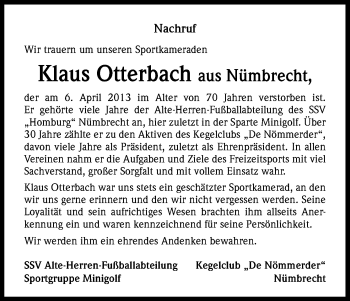 Anzeige von Klaus Otterbach von Kölner Stadt-Anzeiger / Kölnische Rundschau / Express