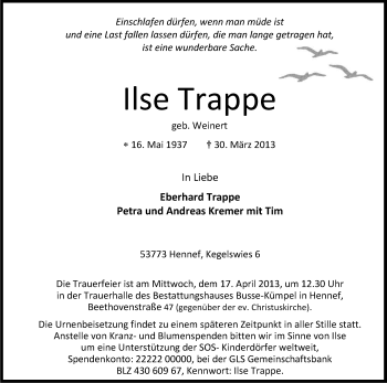 Anzeige von Ilse Trappe von Kölner Stadt-Anzeiger / Kölnische Rundschau / Express