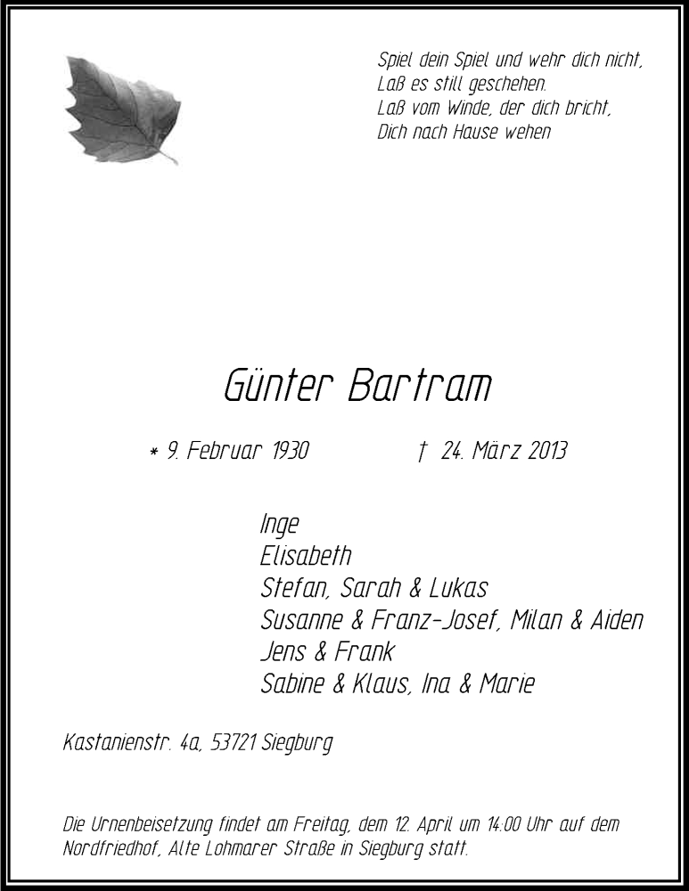  Traueranzeige für Günter Bartram vom 10.04.2013 aus Kölner Stadt-Anzeiger / Kölnische Rundschau / Express