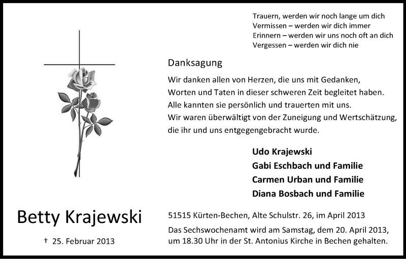  Traueranzeige für Betty Krajewski vom 13.04.2013 aus Kölner Stadt-Anzeiger / Kölnische Rundschau / Express