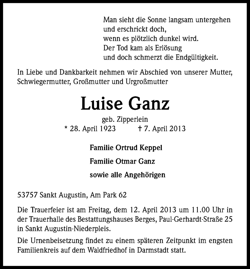  Traueranzeige für Luise Ganz vom 10.04.2013 aus Kölner Stadt-Anzeiger / Kölnische Rundschau / Express