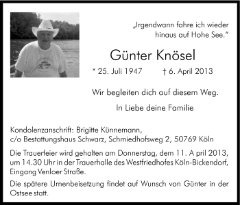 Anzeige von Günter Knösel von Kölner Stadt-Anzeiger / Kölnische Rundschau / Express