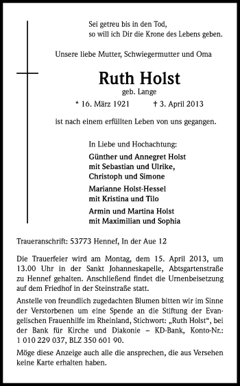 Anzeige von Ruth Holst von Kölner Stadt-Anzeiger / Kölnische Rundschau / Express