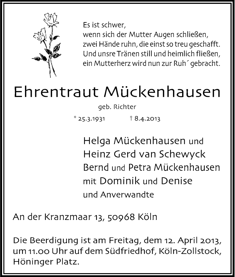  Traueranzeige für Ehrentraut Mückenhausen vom 10.04.2013 aus Kölner Stadt-Anzeiger / Kölnische Rundschau / Express