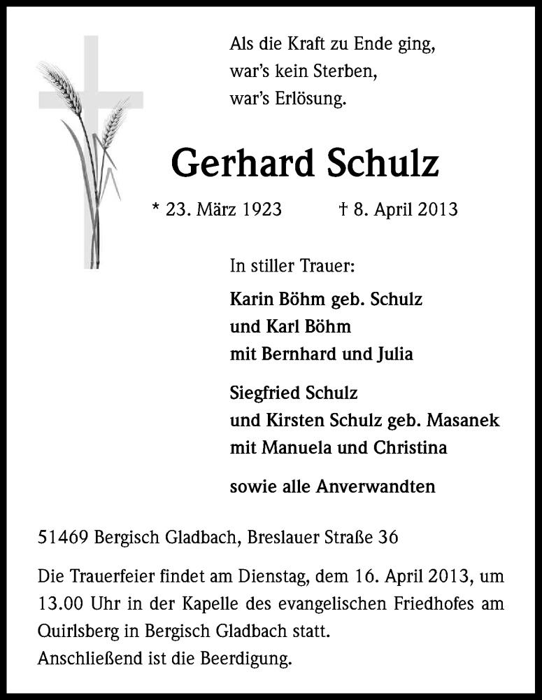  Traueranzeige für Gerhard Schulz vom 10.04.2013 aus Kölner Stadt-Anzeiger / Kölnische Rundschau / Express
