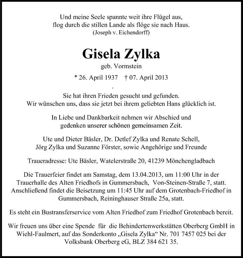  Traueranzeige für Gisela Zylka vom 10.04.2013 aus Kölner Stadt-Anzeiger / Kölnische Rundschau / Express