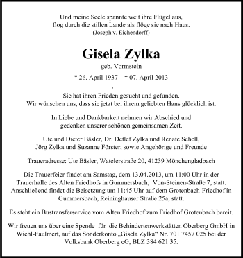 Anzeige von Gisela Zylka von Kölner Stadt-Anzeiger / Kölnische Rundschau / Express