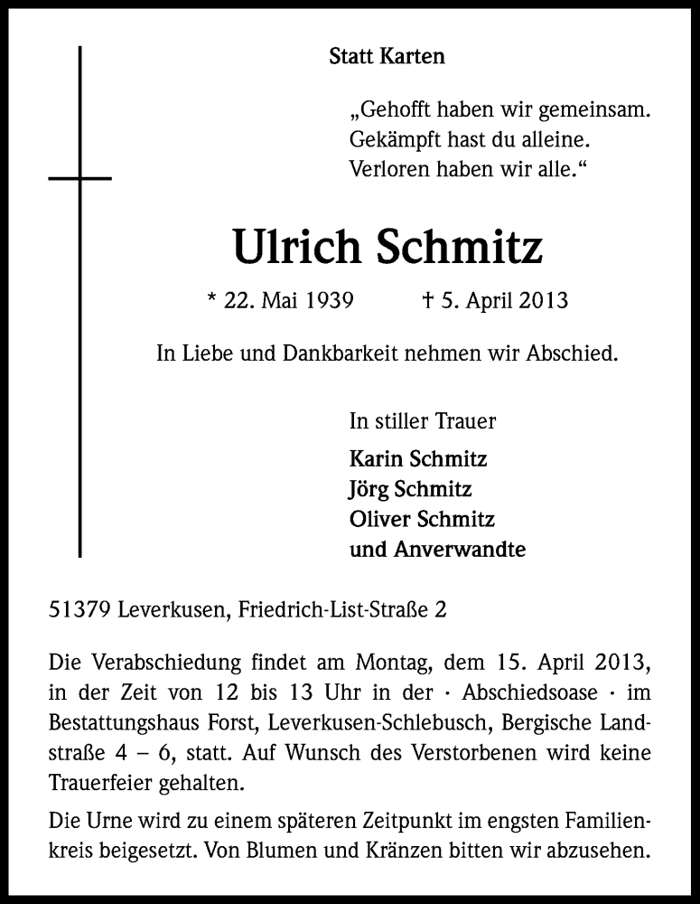  Traueranzeige für Ulrich Schmitz vom 10.04.2013 aus Kölner Stadt-Anzeiger / Kölnische Rundschau / Express