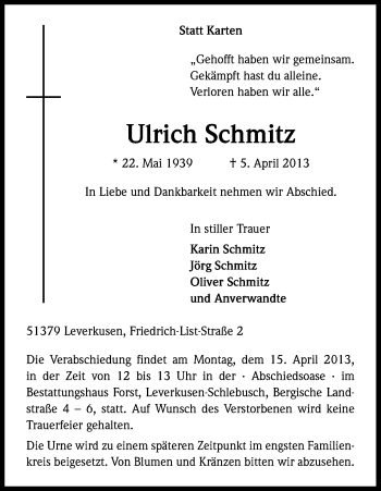Anzeige von Ulrich Schmitz von Kölner Stadt-Anzeiger / Kölnische Rundschau / Express