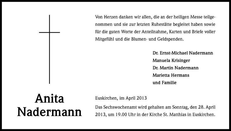  Traueranzeige für Anita Nadermann vom 20.04.2013 aus Kölner Stadt-Anzeiger / Kölnische Rundschau / Express