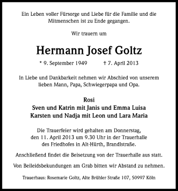 Anzeige von Hermann Josef Goltz von Kölner Stadt-Anzeiger / Kölnische Rundschau / Express
