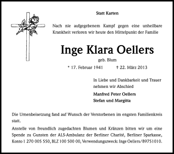 Anzeige von Inge Klara Oellers von Kölner Stadt-Anzeiger / Kölnische Rundschau / Express